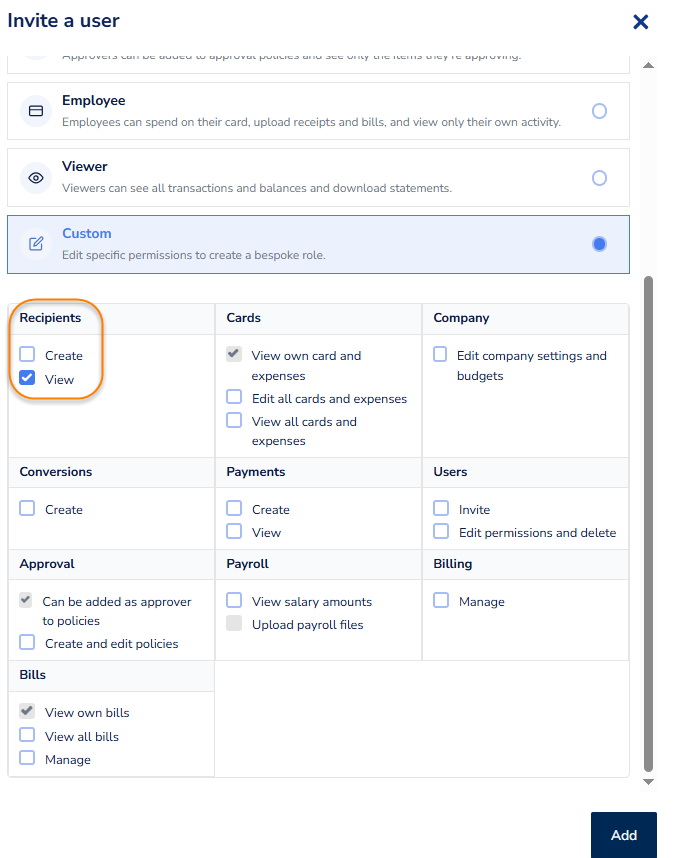 What permissions need to be applied for a user to view recipients?
