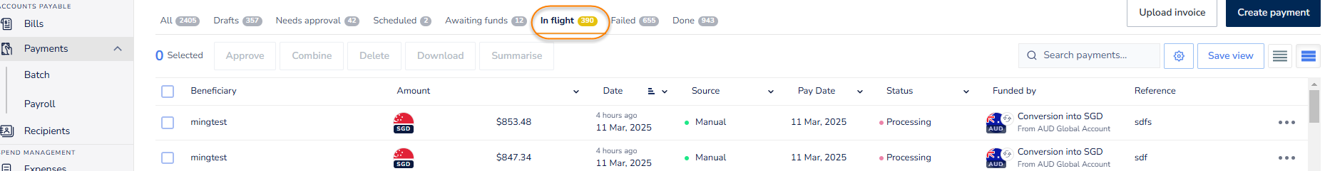 How do I know why the payment is stuck in-flight status?