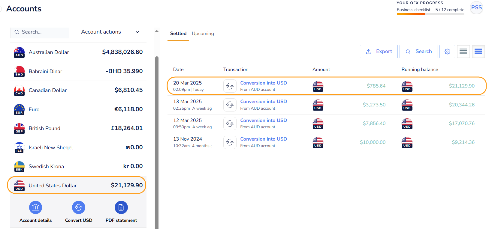 How do I move funds between currency accounts?