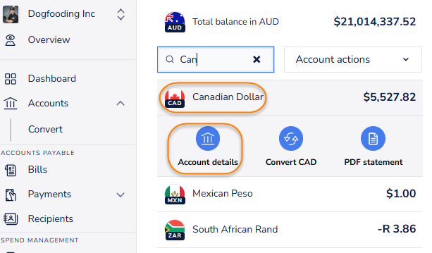 How do I receive funds to the currency accounts?