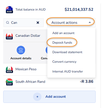 How do I receive funds to the currency accounts?