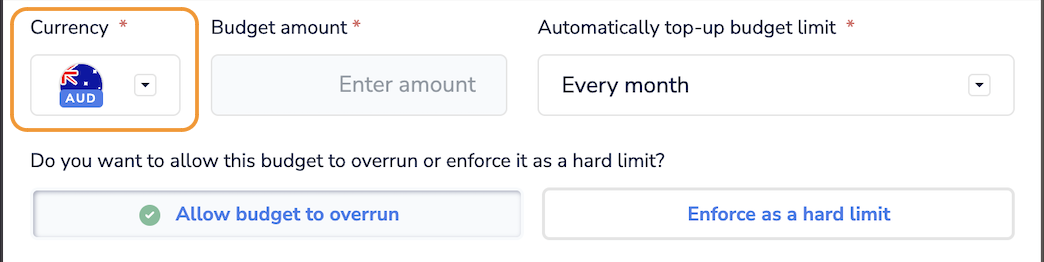 Image of select the base currency for the budget, from the dropdown menu
