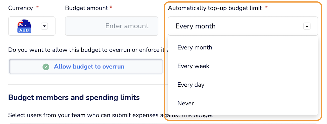 image of Select the frequency you would like the budget topped up and reset