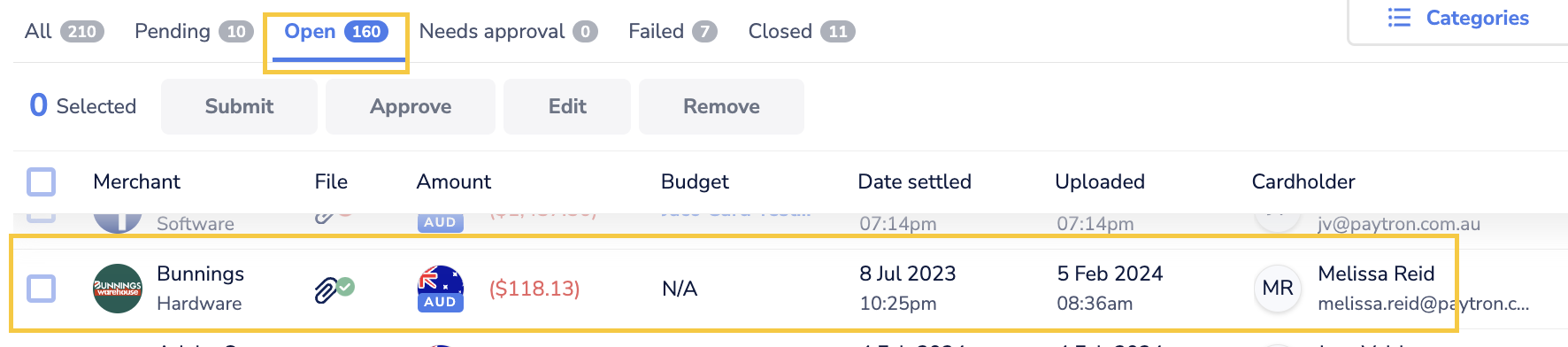 image of Open the expense, and the draft expense is available under Open